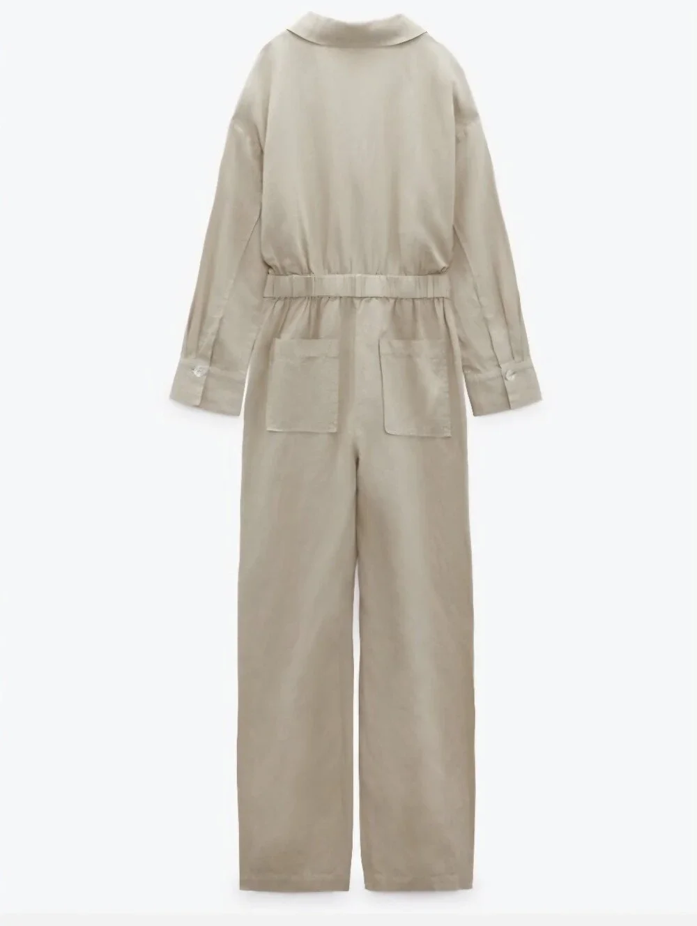 Zara Beige Linen Blend Button Front Collared Wide Leg Jumpsuit